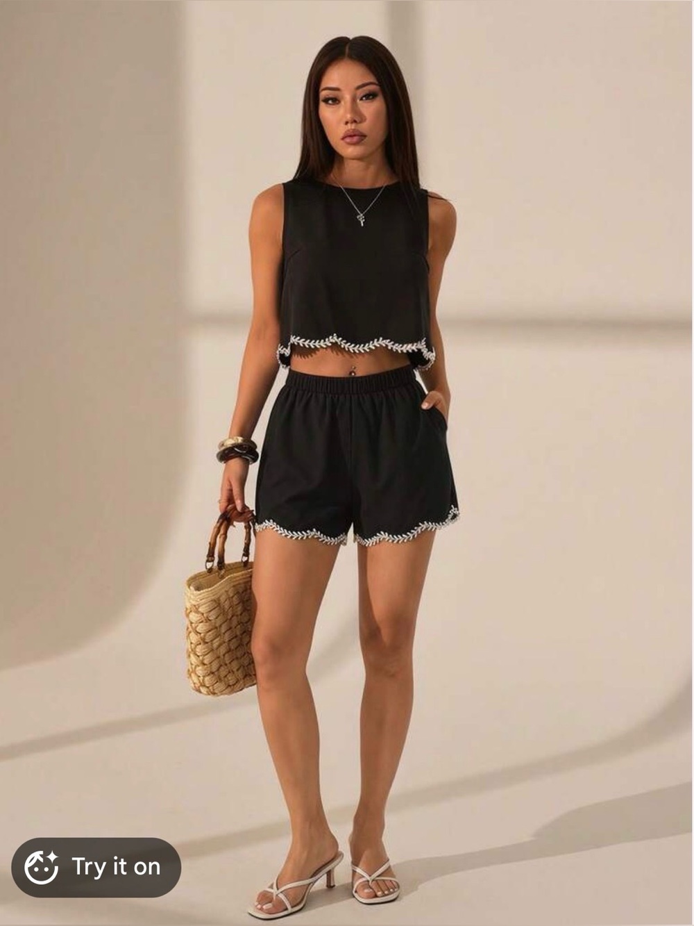 Women's Black w/White Trim Elastic-Waist 2-Piece Shorts with Contrast Trim